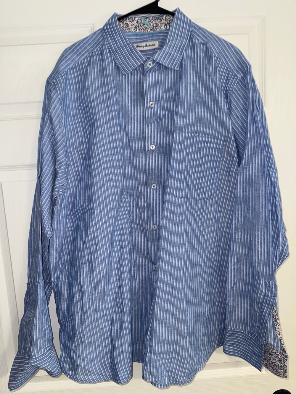 100% Linen XL Tommy Bahama Light Blue & White Striped button down  Shirt
